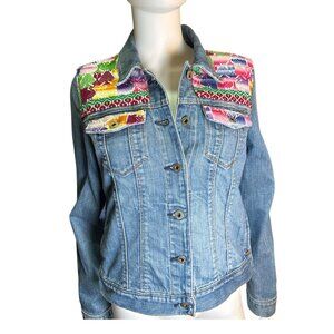 Ralph Lauren Polo Jeans Co. Upcycled Denim Jacket Woven Embroidery Multi L EUC